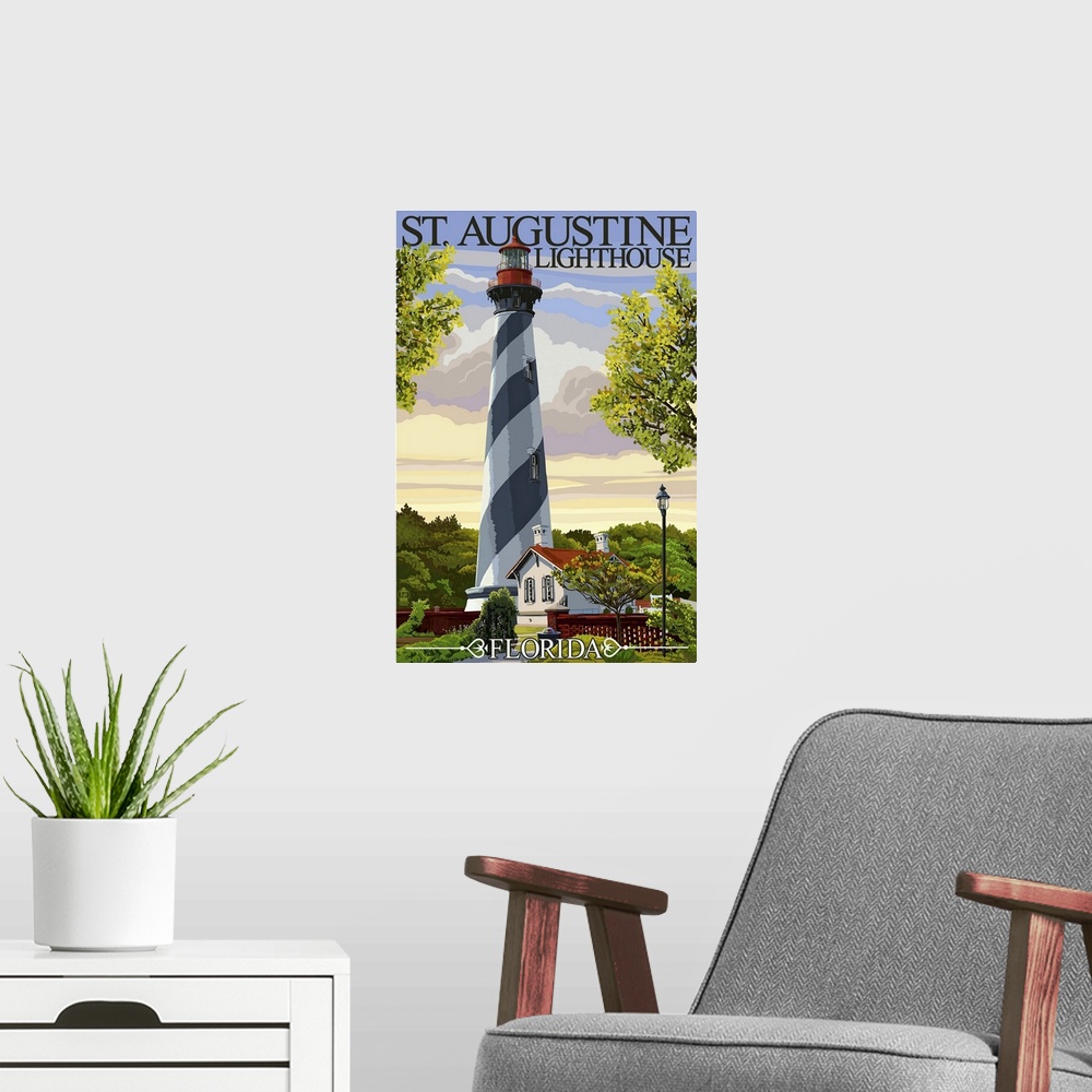 A modern room featuring Retro stylized art poster of a striped lighthouse.
