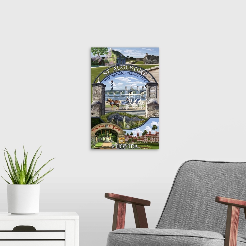 A modern room featuring Retro stylized art poster of a montage of images, with a horse drawn carriage in the center.