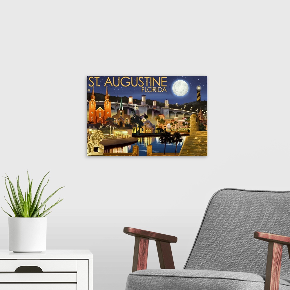 A modern room featuring Retro stylized art poster of a city skyline at night, with a giant moon in the sky illuminating t...