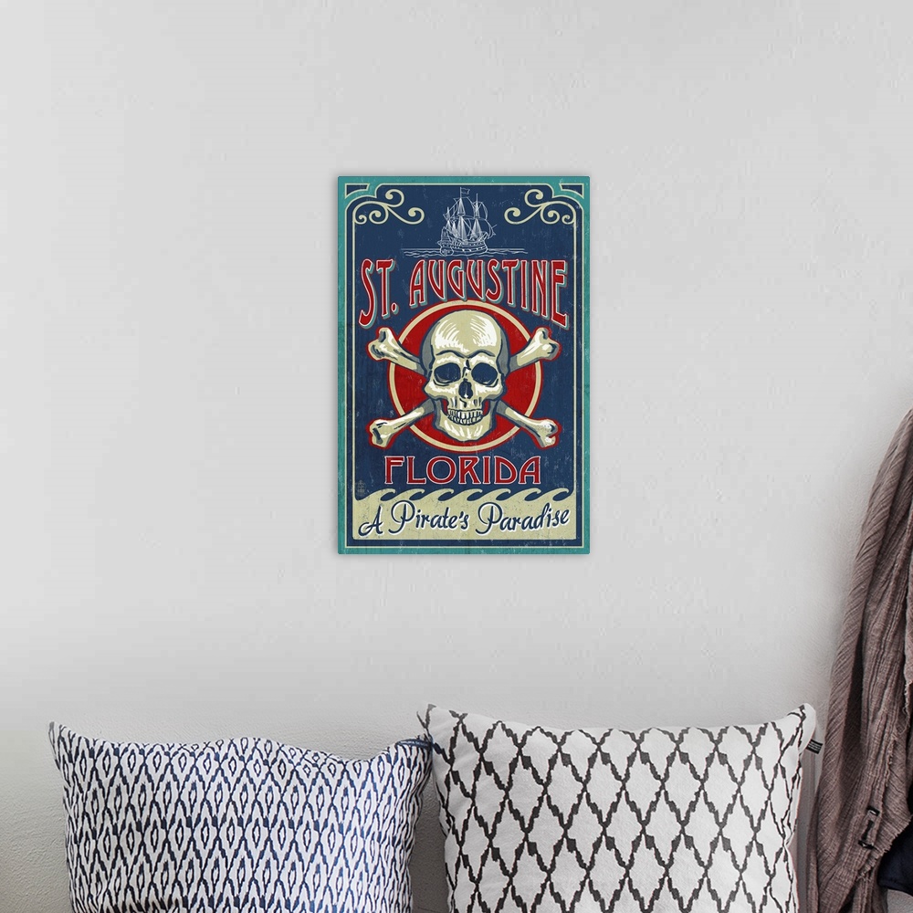 A bohemian room featuring St Augustine, Florida - Skull and Crossbones: Retro Travel Poster
