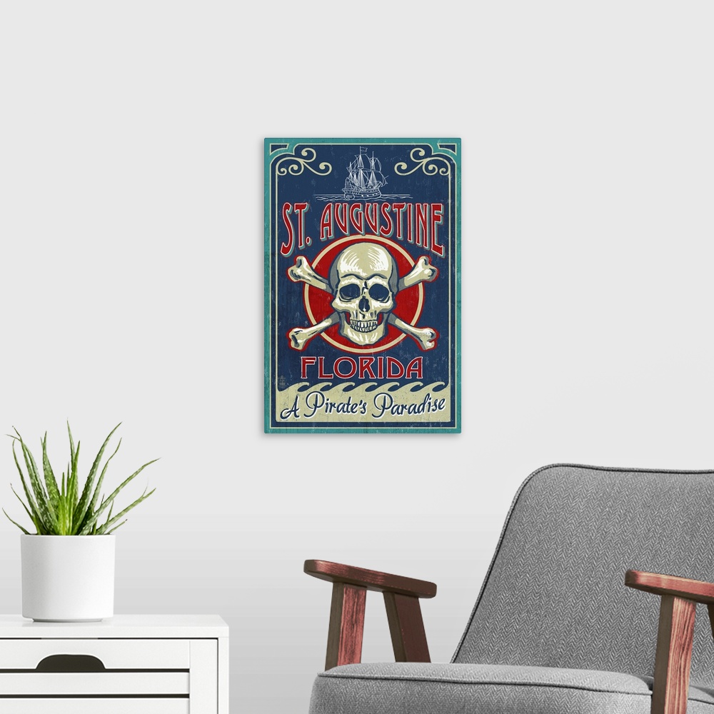 A modern room featuring St Augustine, Florida - Skull and Crossbones: Retro Travel Poster
