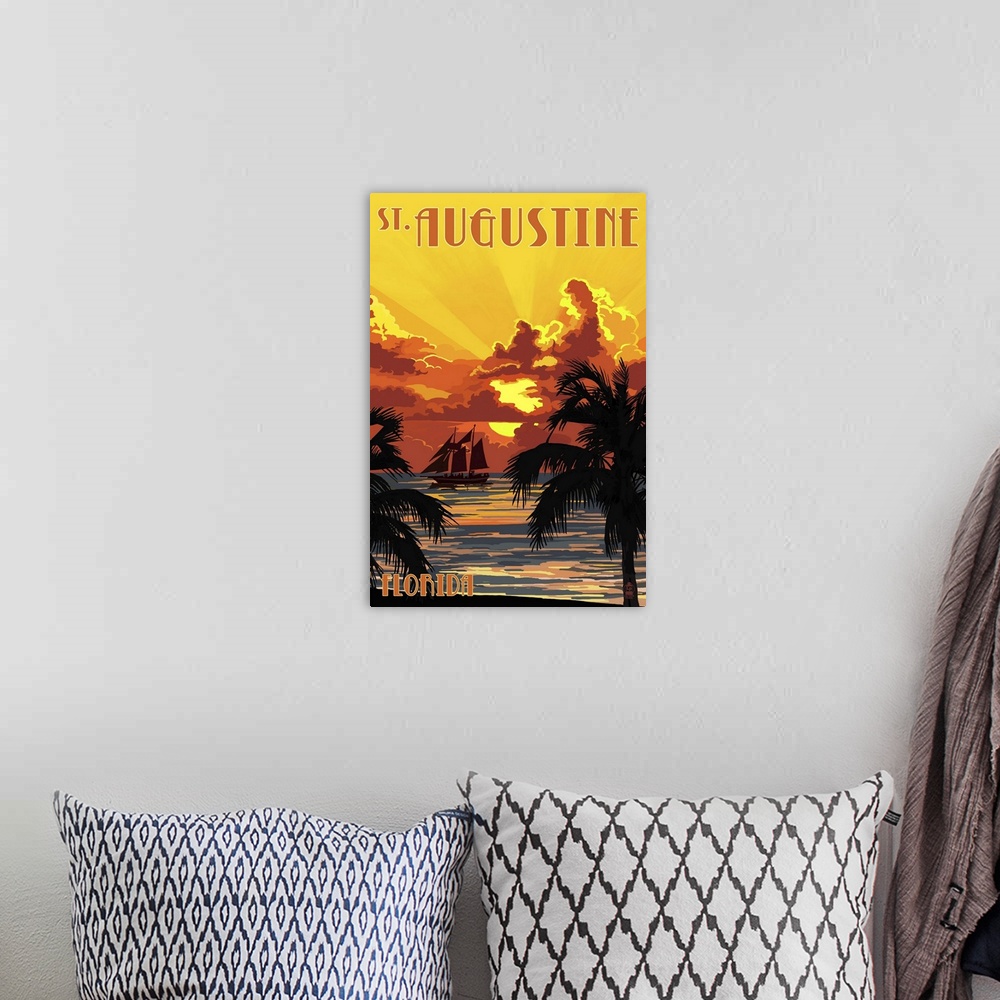 A bohemian room featuring St. Augustine, Florida - Sunset and Ship: Retro Travel Poster