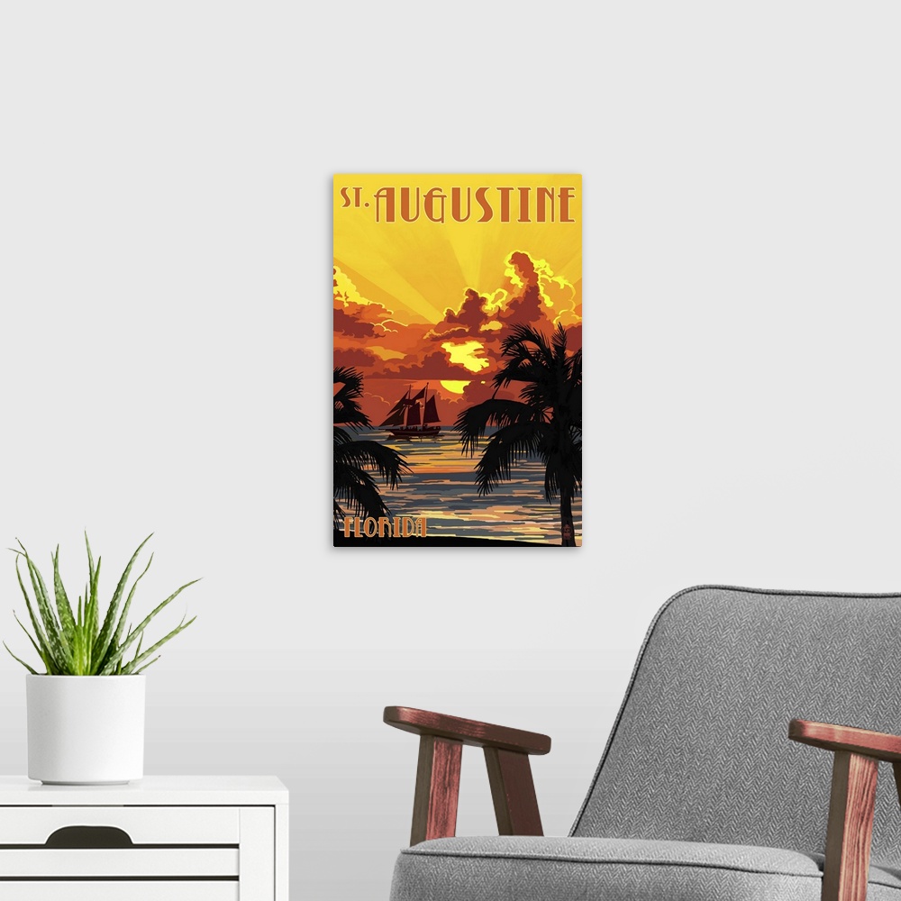 A modern room featuring St. Augustine, Florida - Sunset and Ship: Retro Travel Poster