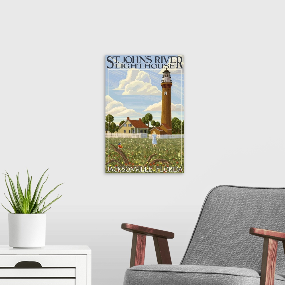 A modern room featuring St. Johns River Lighthouse - Jacksonville, Florida: Retro Travel Poster