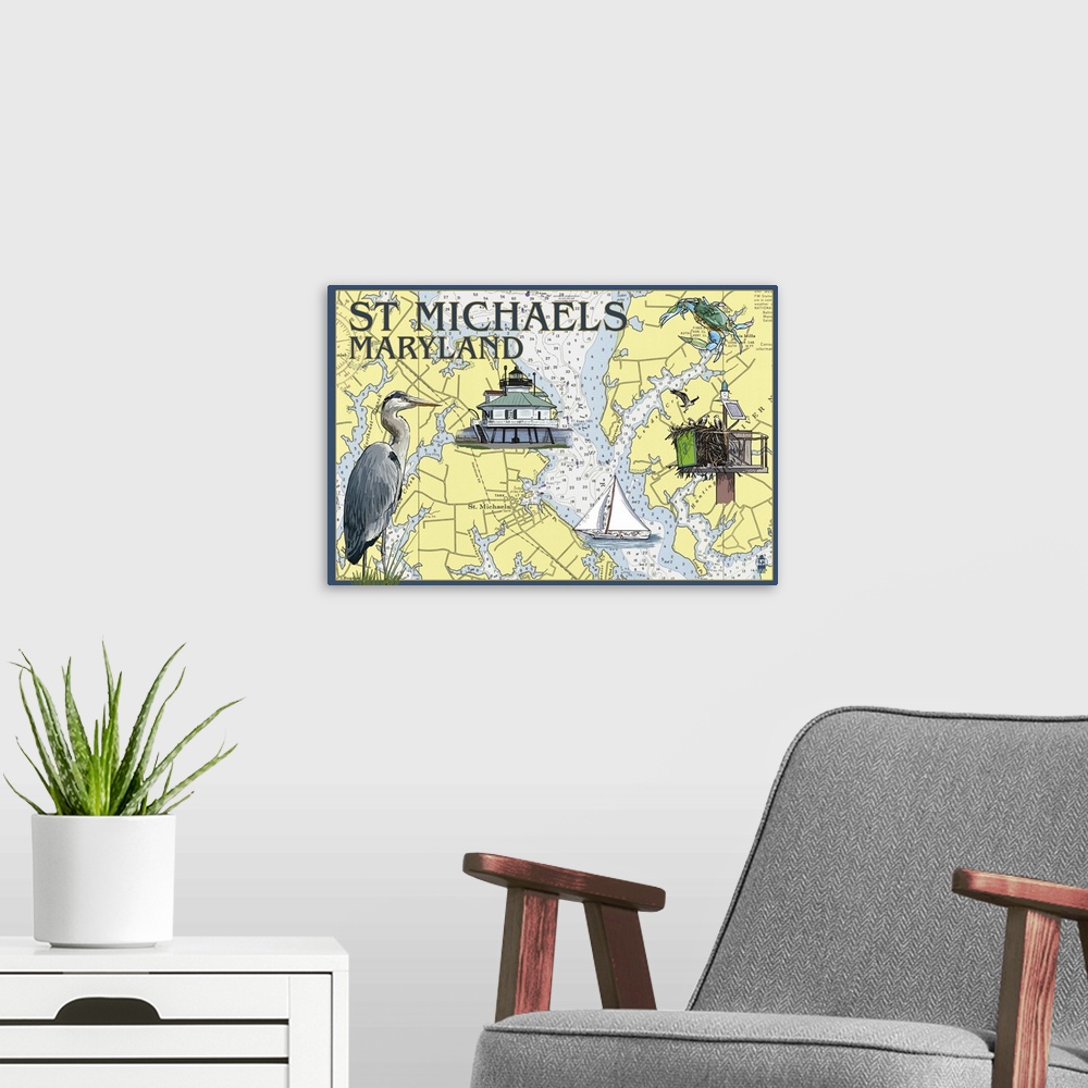 A modern room featuring St. Michaels, Maryland - Nautical Chart: Retro Travel Poster