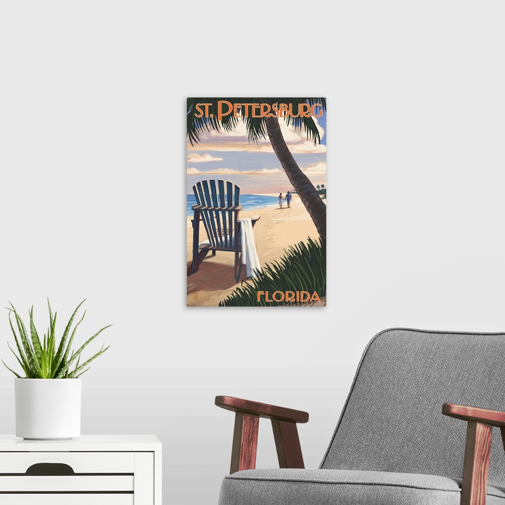 A modern room featuring St. Petersburg, Florida - Adirondack Chair on the Beach: Retro Travel Poster