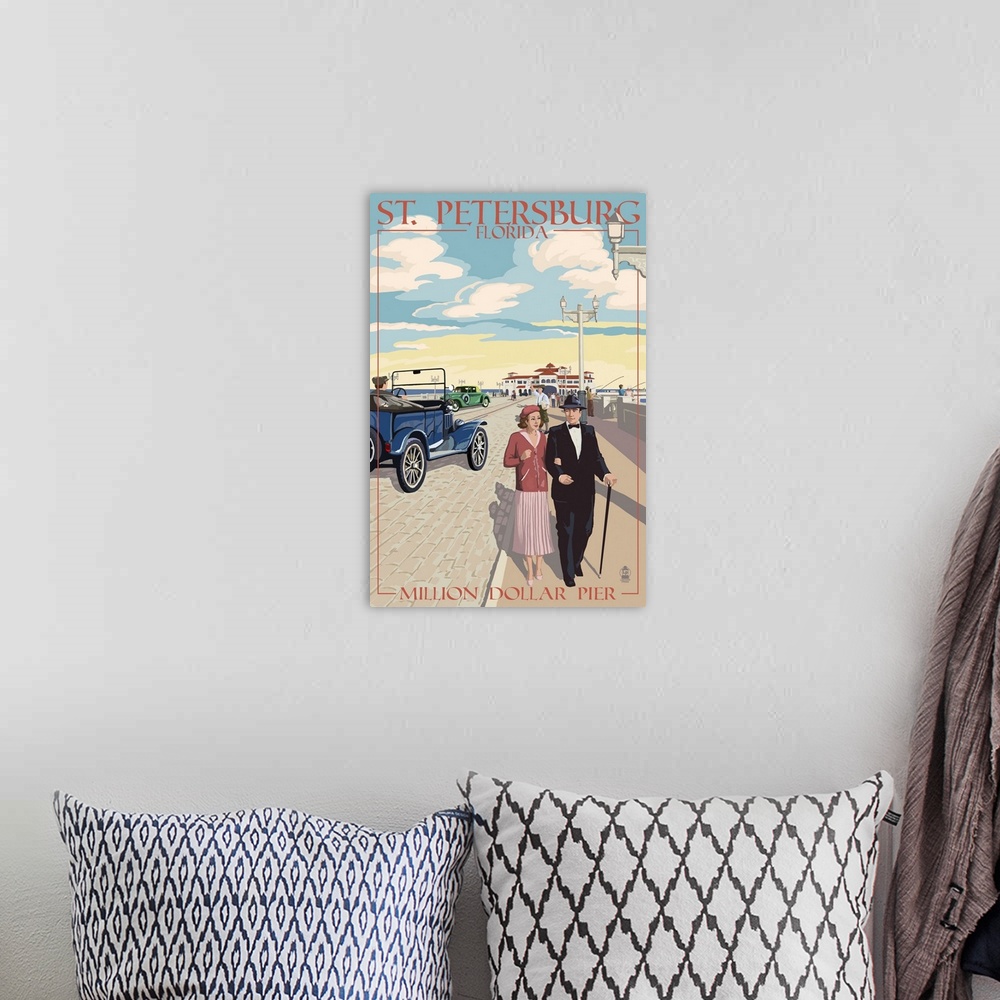 A bohemian room featuring Retro stylized art poster of a classy couple walking along a pier.