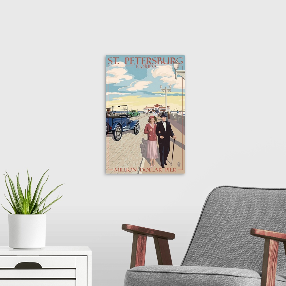 A modern room featuring Retro stylized art poster of a classy couple walking along a pier.