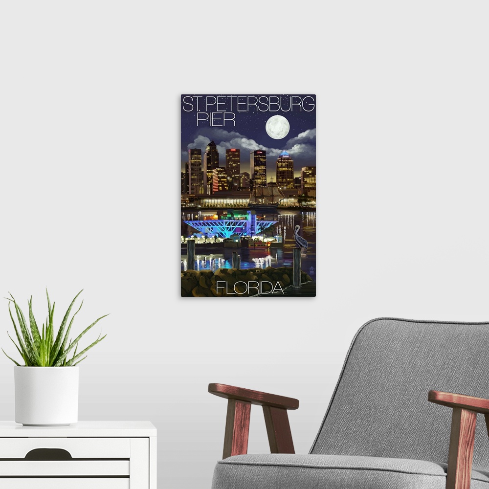 A modern room featuring Retro stylized art poster of a city skyline at night.