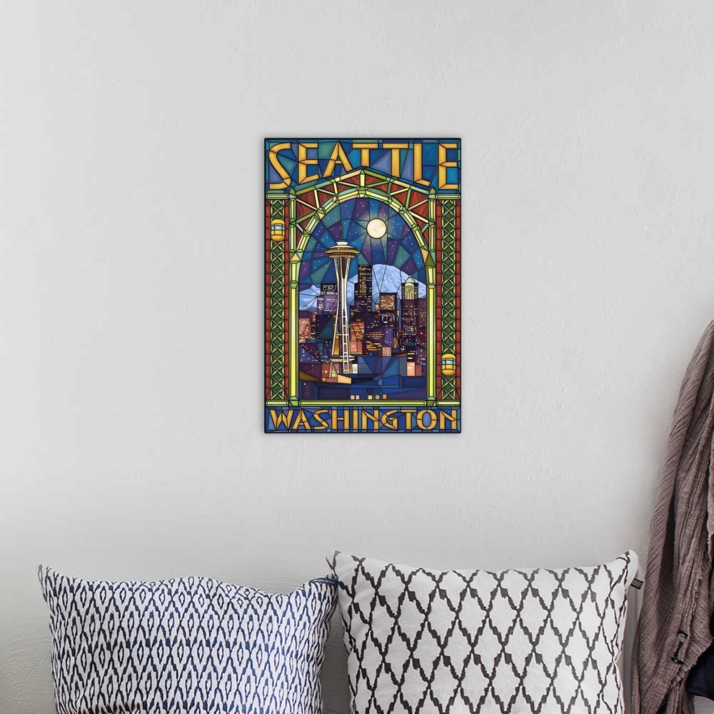 A bohemian room featuring Retro stylized art poster of a city skyline in an arched window stained glass style.