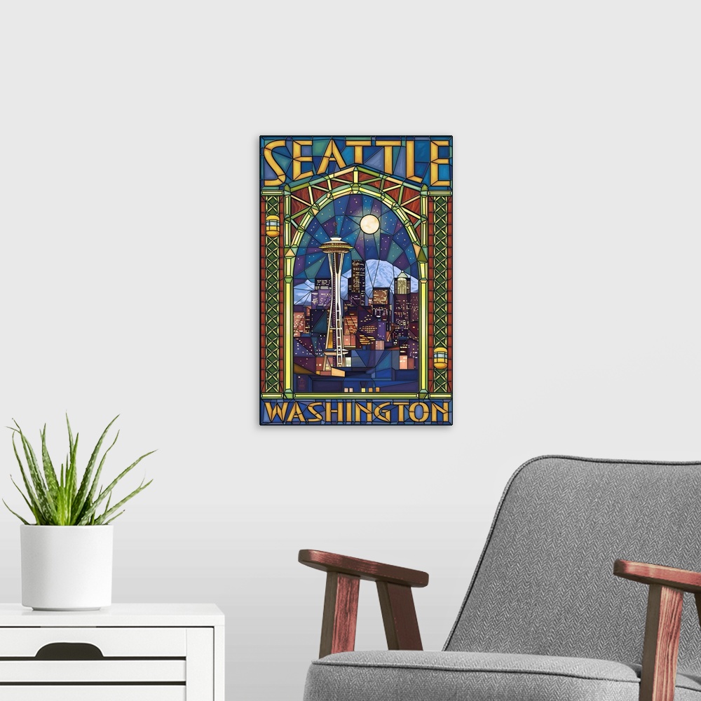 A modern room featuring Retro stylized art poster of a city skyline in an arched window stained glass style.