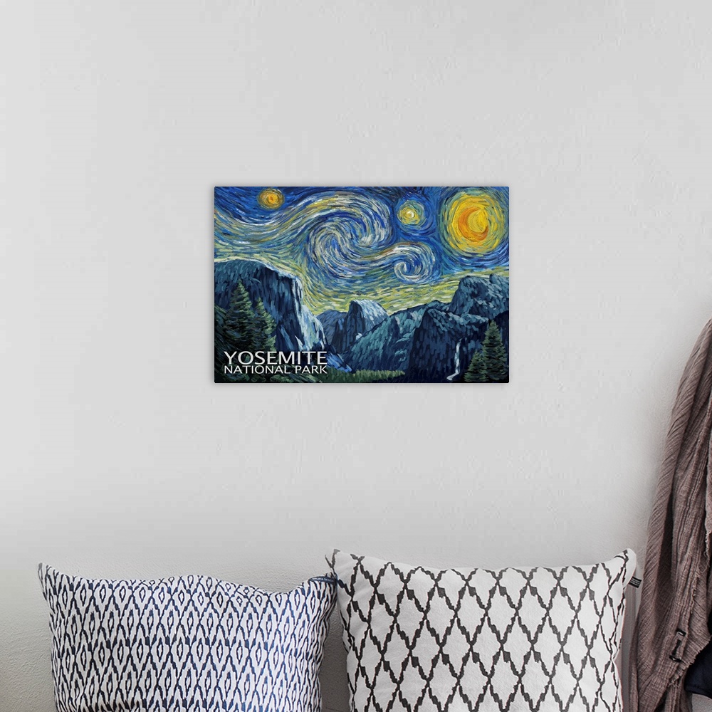A bohemian room featuring Starry Night Over Yosemite National Park: Retro Travel Poster