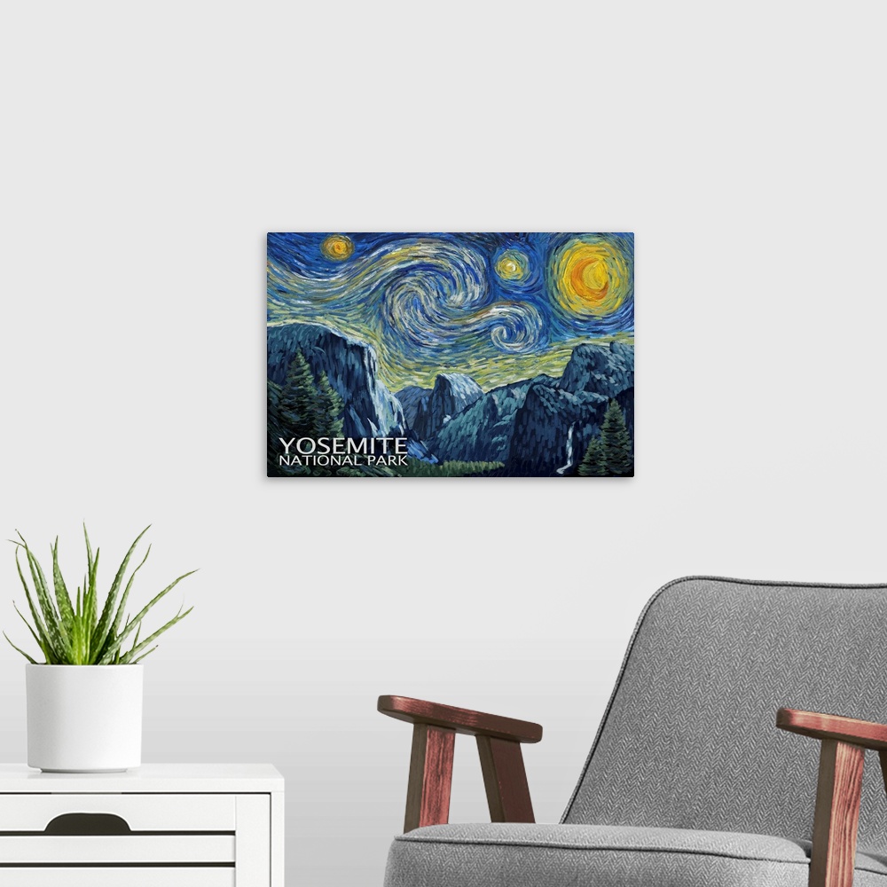 A modern room featuring Starry Night Over Yosemite National Park: Retro Travel Poster