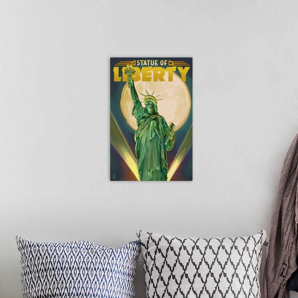 A bohemian room featuring Statue of Liberty and Full Moon - New York City, New York: Retro Travel Poster