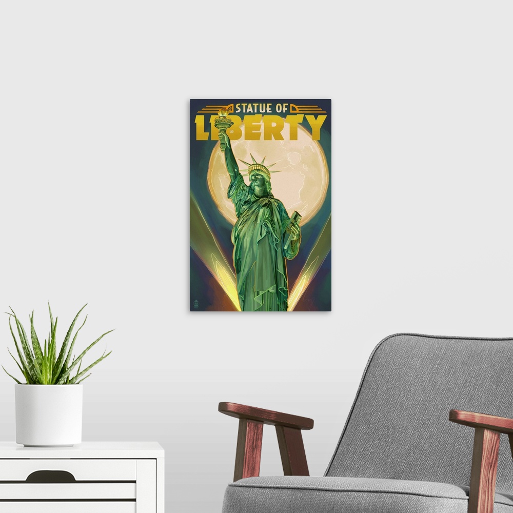 A modern room featuring Statue of Liberty and Full Moon - New York City, New York: Retro Travel Poster