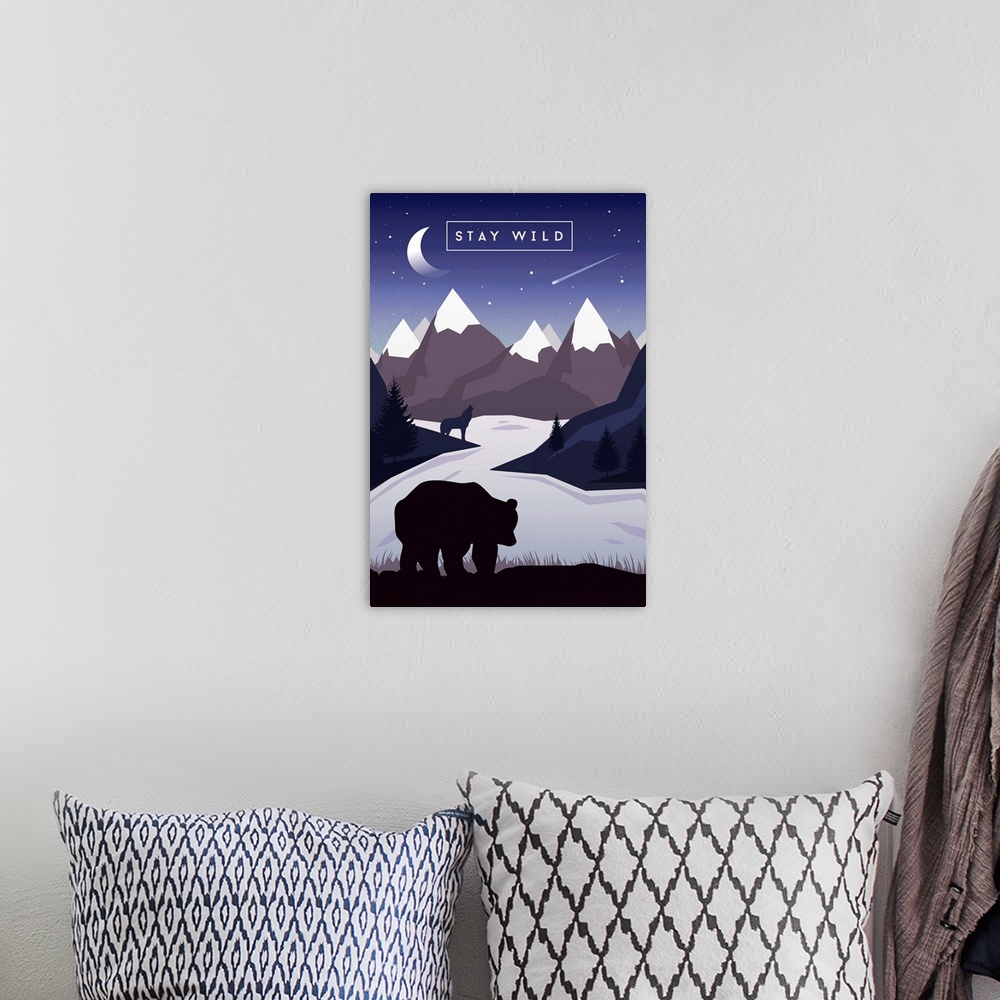 A bohemian room featuring Stay Wild - Bear & Mountain Silhouette - Night Sky -  Purple