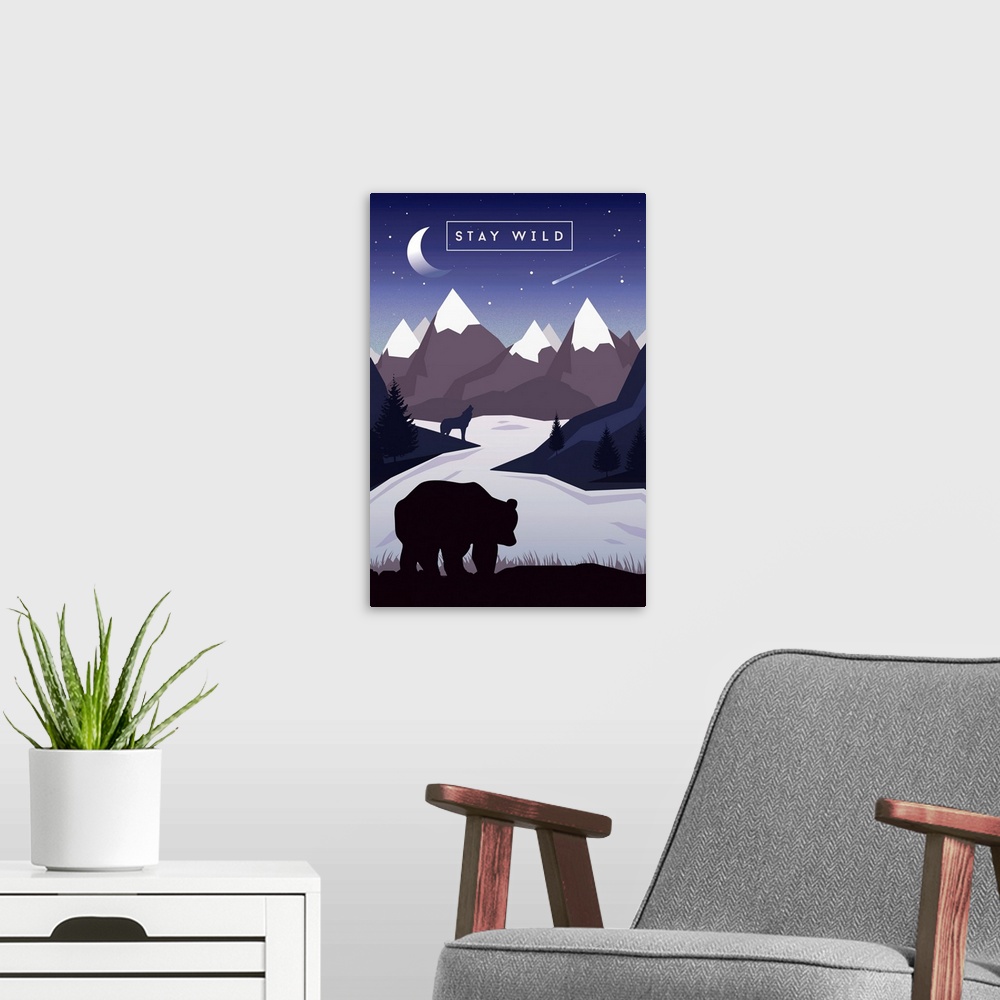 A modern room featuring Stay Wild - Bear & Mountain Silhouette - Night Sky -  Purple