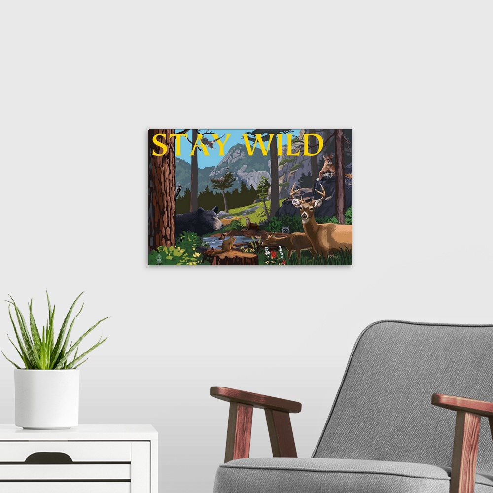A modern room featuring Stay Wild, National Park WPA Sentiment.