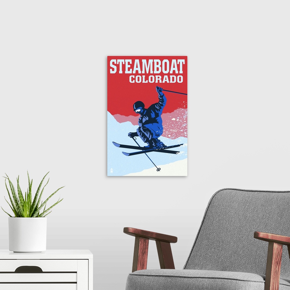 A modern room featuring Steamboat, Colorado - Colorblocked Skier: Retro Travel Poster