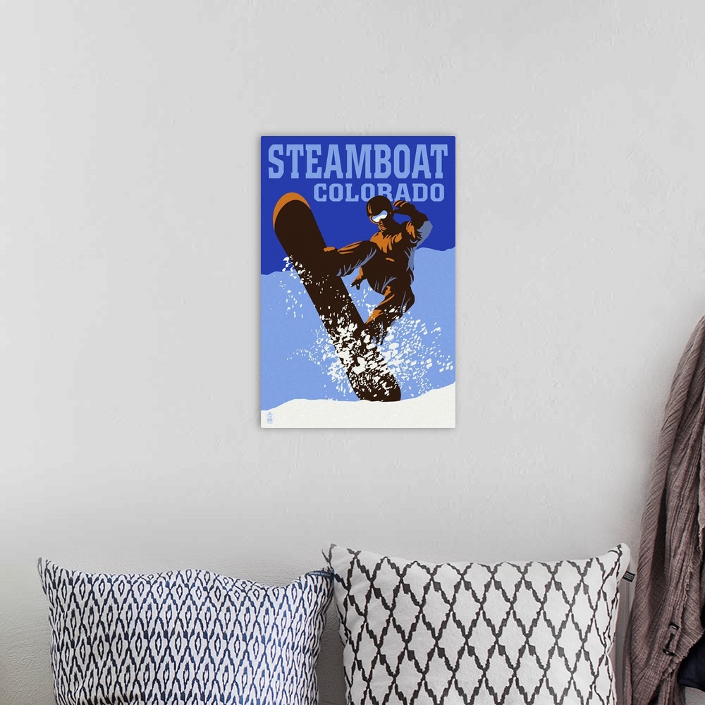 A bohemian room featuring Steamboat, Colorado - Colorblocked Snowboarder: Retro Travel Poster