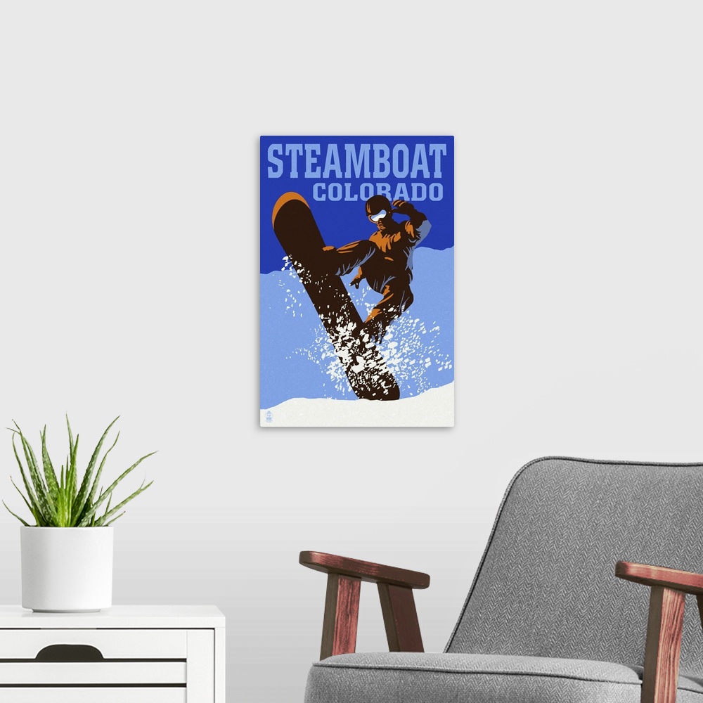 A modern room featuring Steamboat, Colorado - Colorblocked Snowboarder: Retro Travel Poster