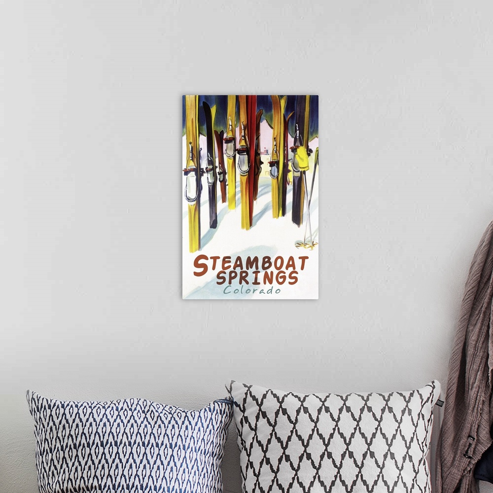 A bohemian room featuring Steamboat Springs, CO - Colorful Skis: Retro Travel Poster