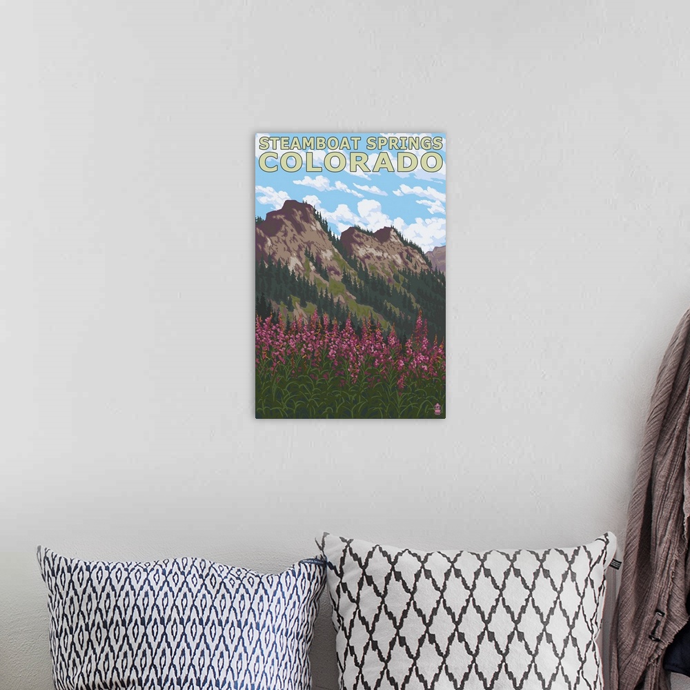 A bohemian room featuring Steamboat Springs, CO - Mountain Scene: Retro Travel Poster