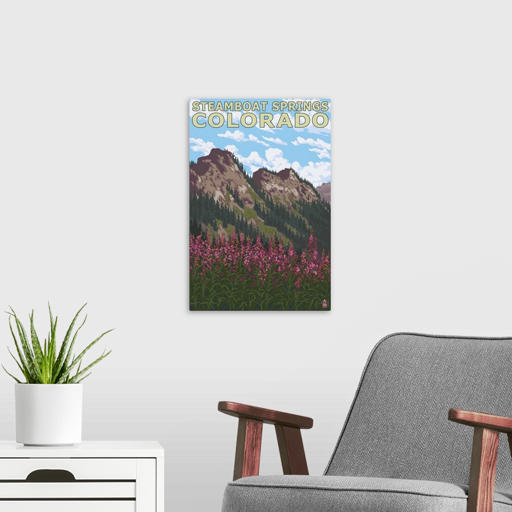 A modern room featuring Steamboat Springs, CO - Mountain Scene: Retro Travel Poster