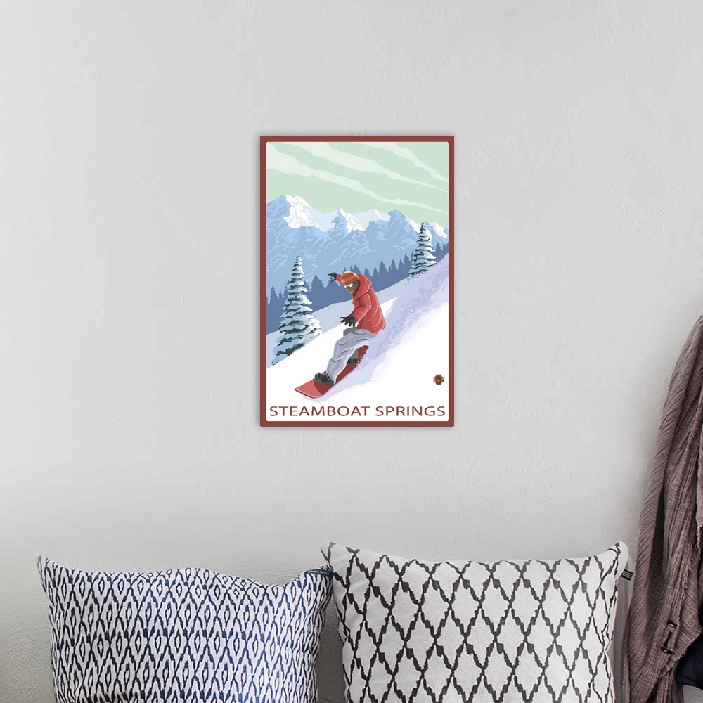 A bohemian room featuring Steamboat Springs, CO - Snowboarder: Retro Travel Poster
