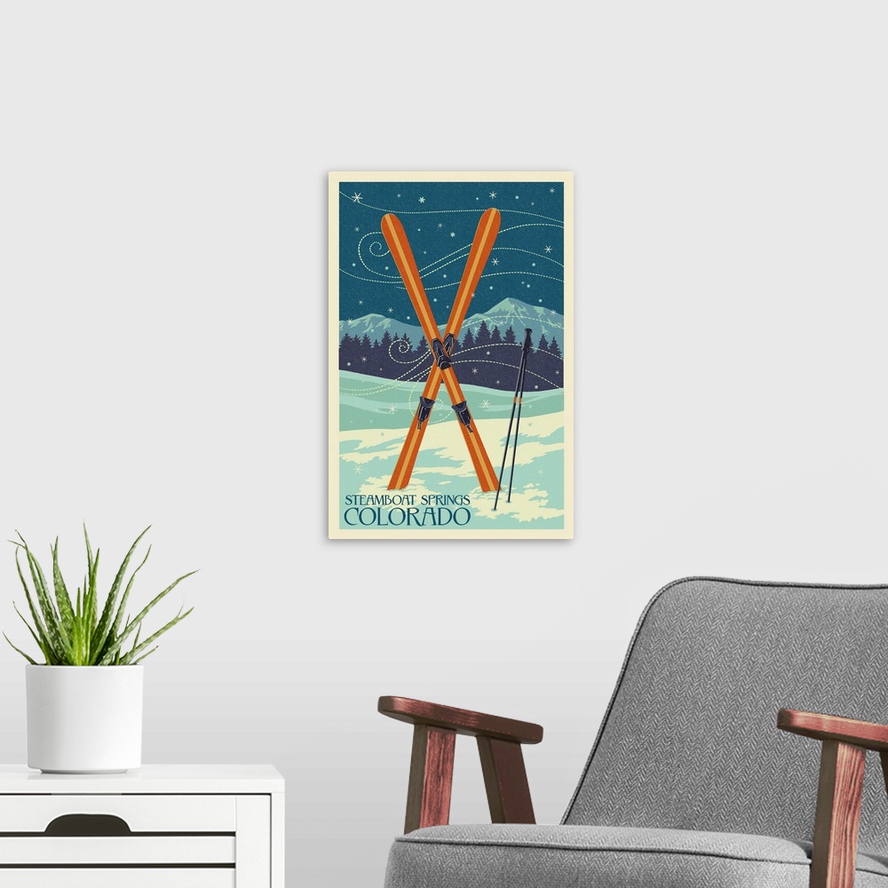 A modern room featuring Steamboat Springs, Colorado - Crossed Skis - Letterpress: Retro Travel Poster