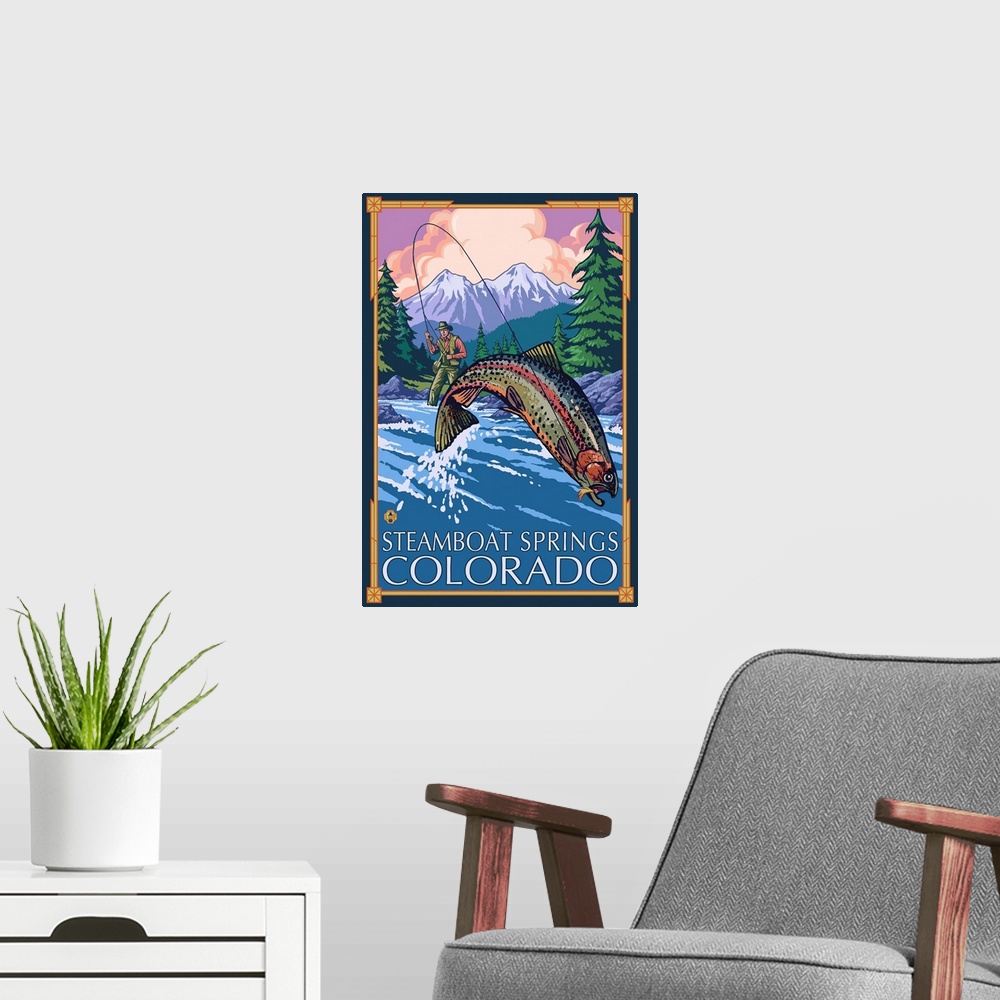 A modern room featuring Steamboat Springs, Colorado - Fisherman: Retro Travel Poster