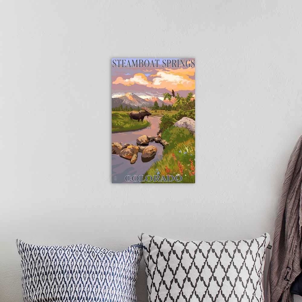 A bohemian room featuring Steamboat Springs, Colorado - Moose and Meadow Scene: Retro Travel Poster