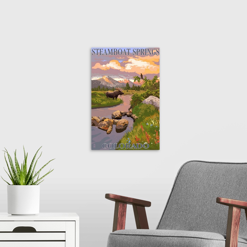 A modern room featuring Steamboat Springs, Colorado - Moose and Meadow Scene: Retro Travel Poster