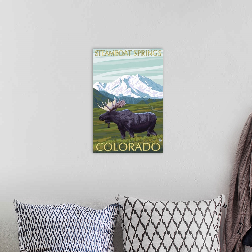 A bohemian room featuring Steamboat Springs, Colorado - Moose and Mountain: Retro Travel Poster
