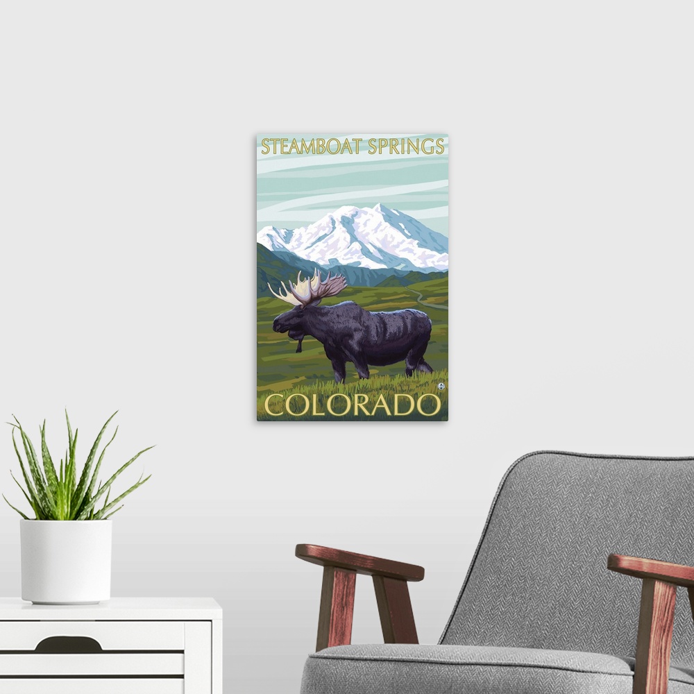 A modern room featuring Steamboat Springs, Colorado - Moose and Mountain: Retro Travel Poster