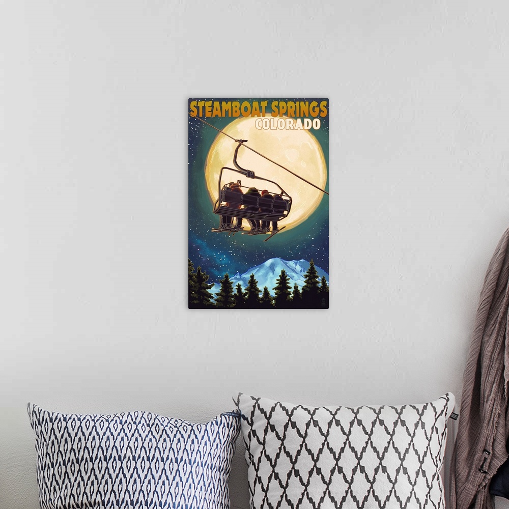 A bohemian room featuring Steamboat Springs, Colorado - Ski Lift and Full Moon: Retro Travel Poster