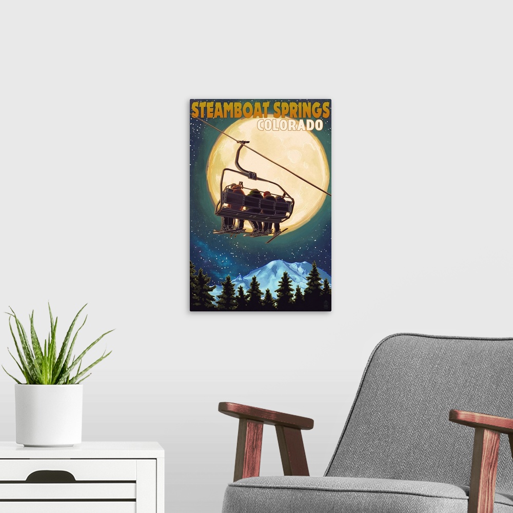 A modern room featuring Steamboat Springs, Colorado - Ski Lift and Full Moon: Retro Travel Poster