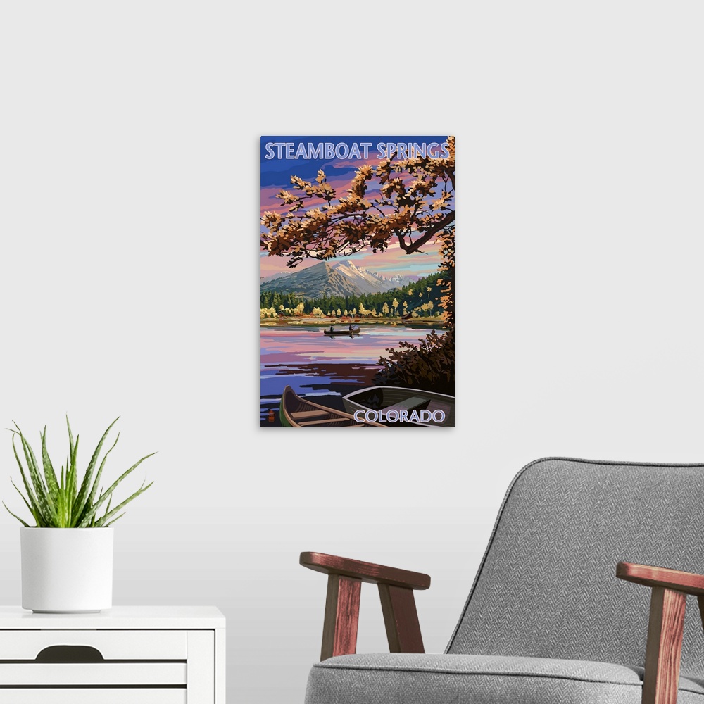 A modern room featuring Steamboat Springs, Colorado - Twilight Lake Scene: Retro Travel Poster
