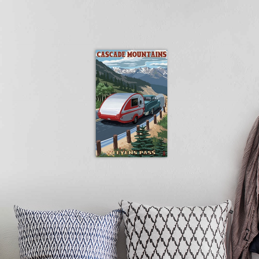 A bohemian room featuring Stevens Pass, Washington - Retro Camper: Retro Travel Poster