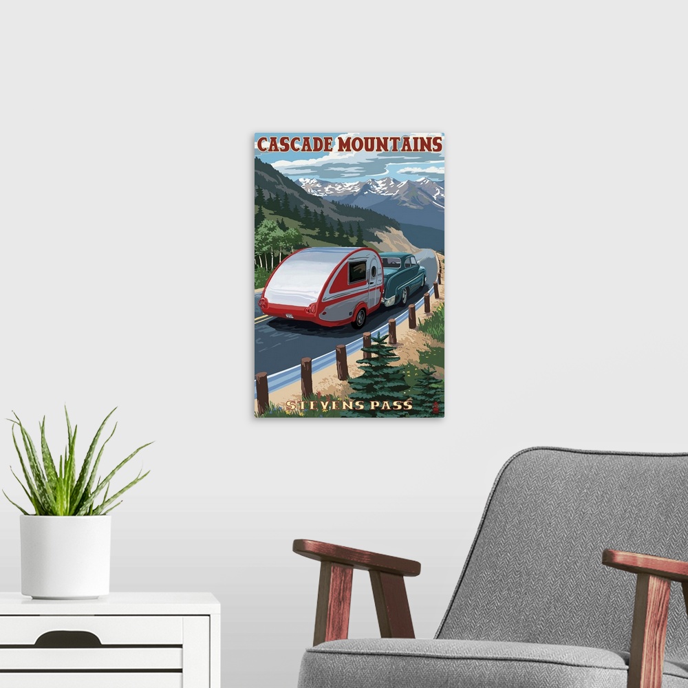 A modern room featuring Stevens Pass, Washington - Retro Camper: Retro Travel Poster