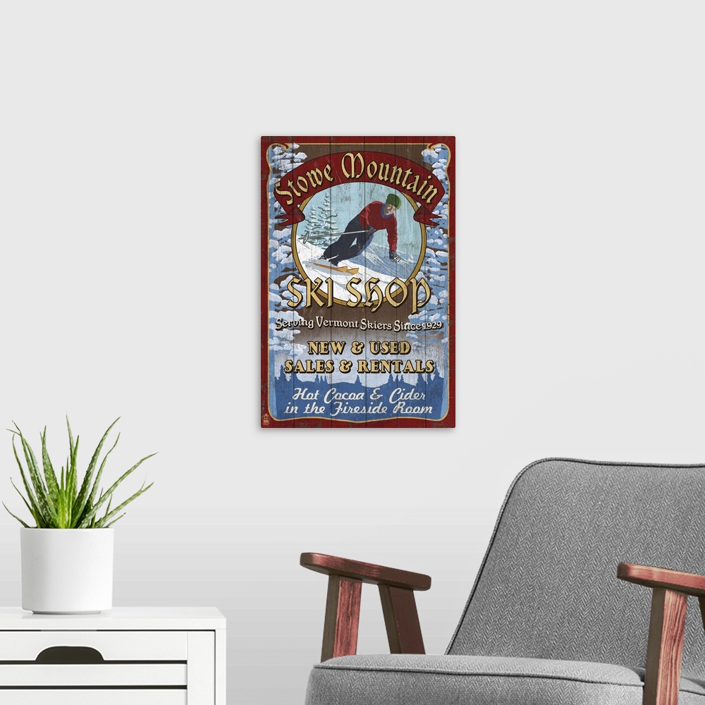 A modern room featuring Retro stylized art poster of a vintage ski shop sign, with a skier going down a hill.