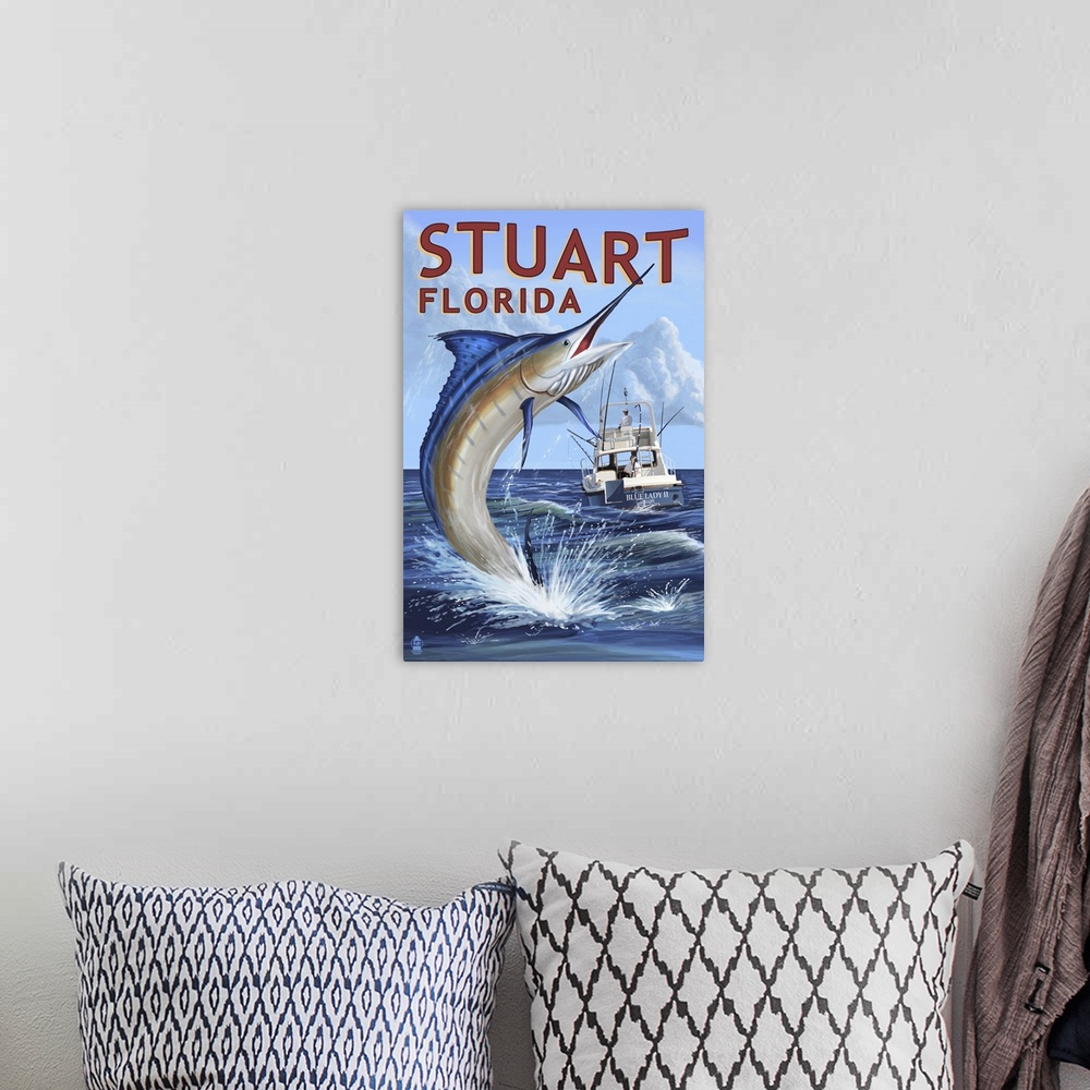 A bohemian room featuring Retro stylized art poster of marlin jumping out of the water into the air, with a fishing line in...