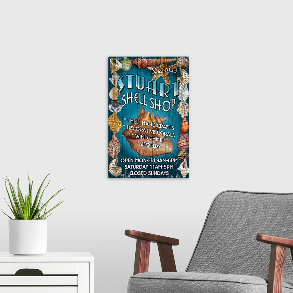 A modern room featuring Retro stylized art poster of a vintage sign with seashell on it.