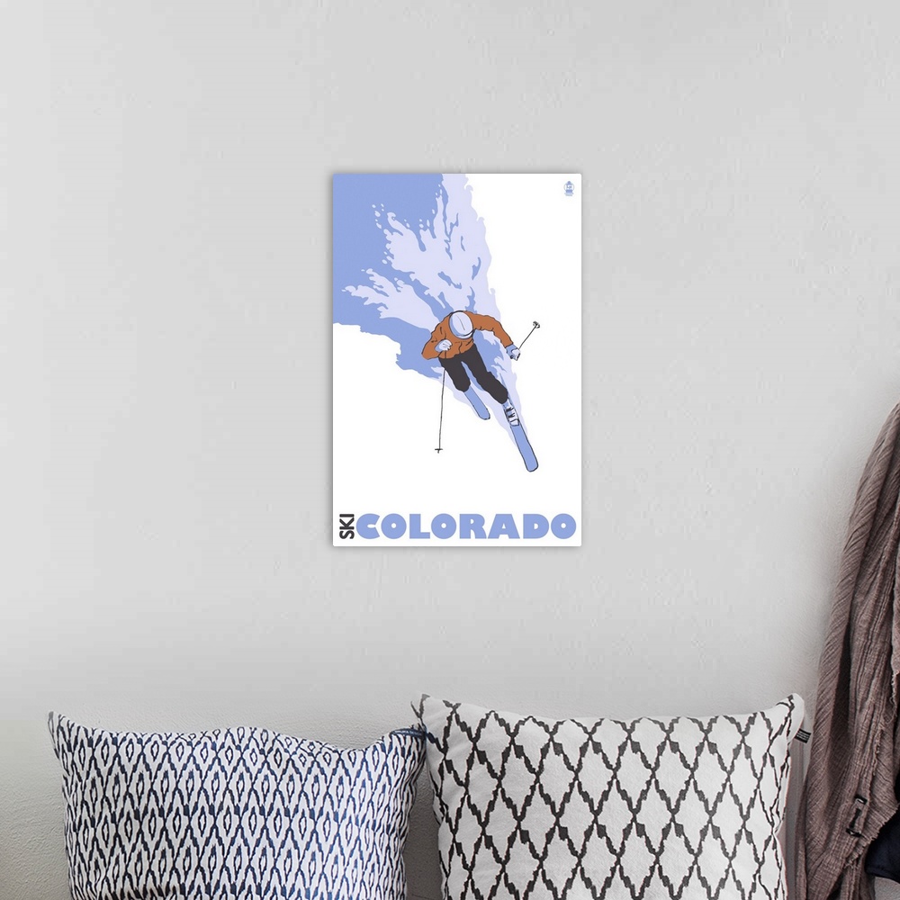 A bohemian room featuring Stylized Skier - Colorado: Retro Travel Poster