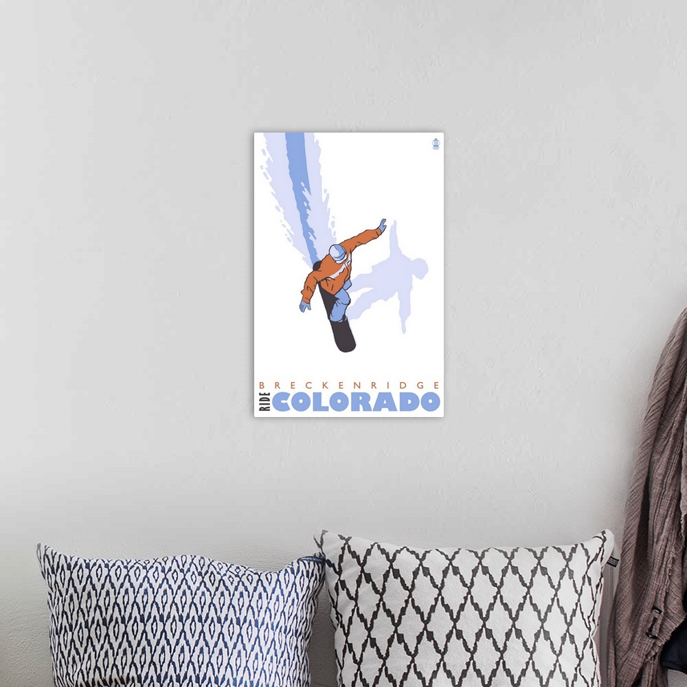 A bohemian room featuring Stylized Snowboarder - Breckenridge, Colorado: Retro Travel Poster