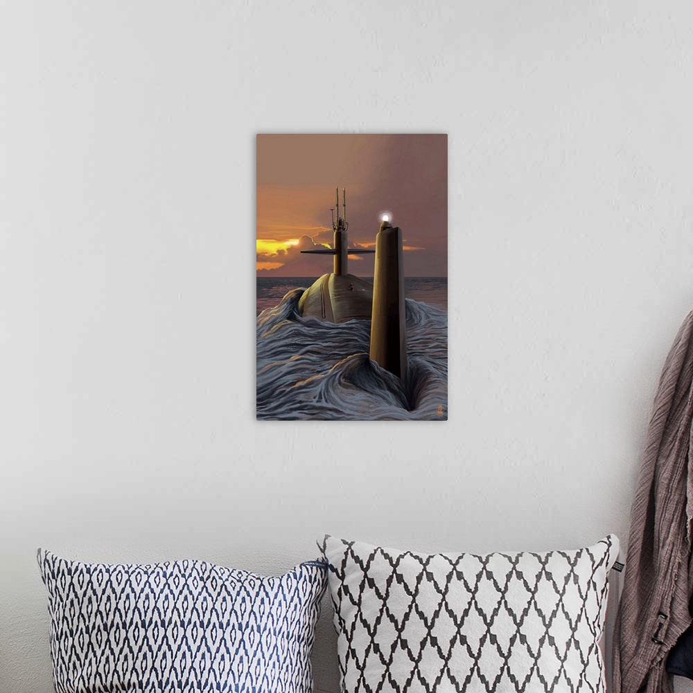 A bohemian room featuring Retro stylized art poster of a submarine at the surface of the ocean, with the sun setting in the...