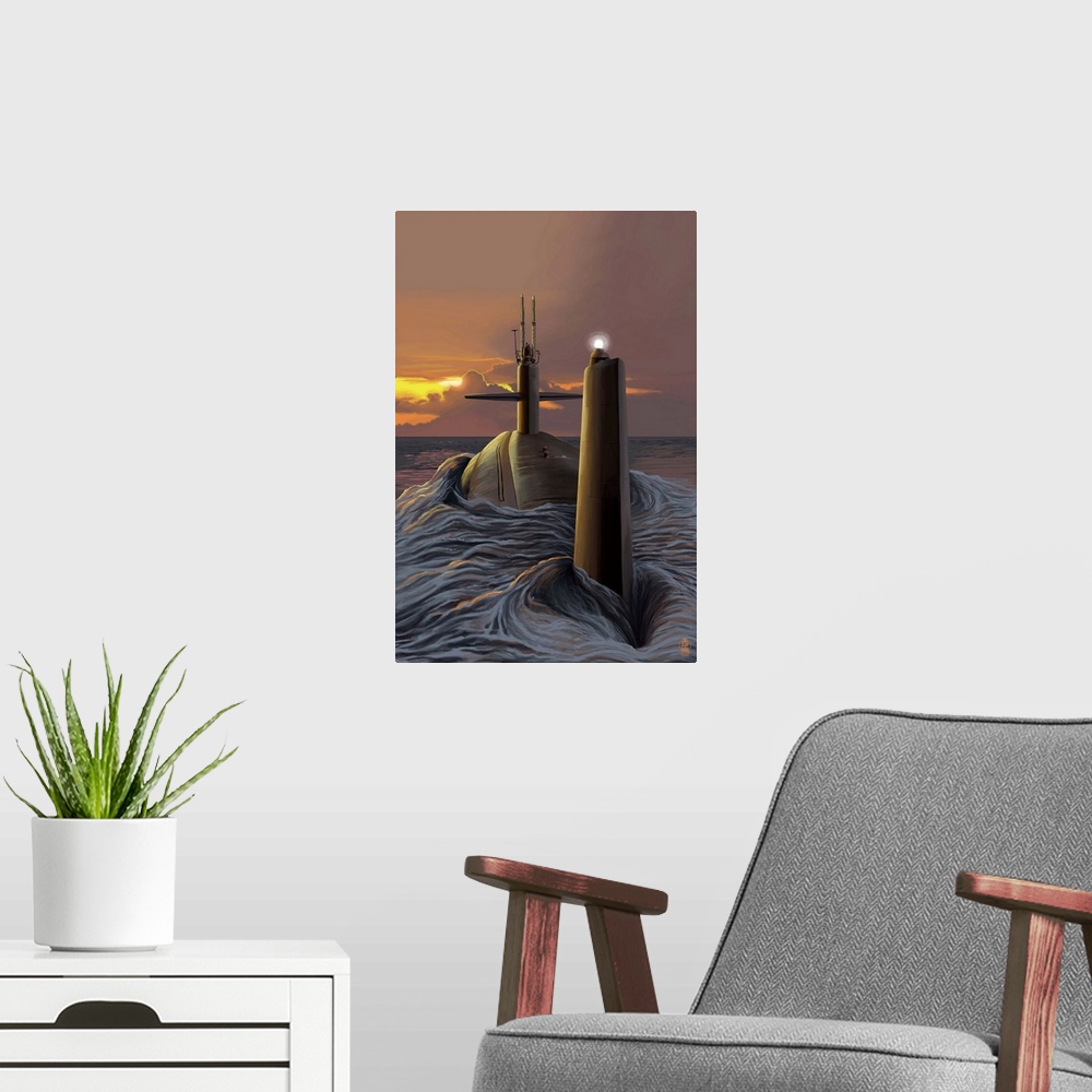 A modern room featuring Retro stylized art poster of a submarine at the surface of the ocean, with the sun setting in the...