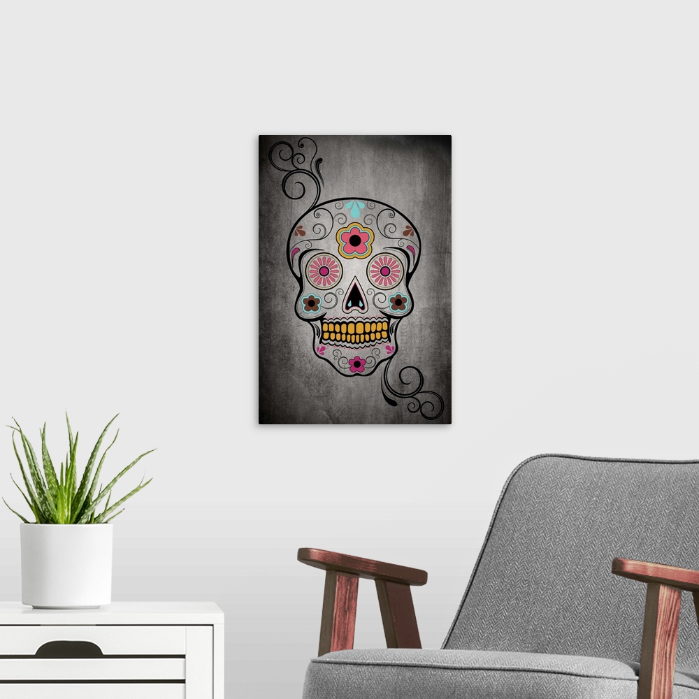 A modern room featuring Sugar Skull: Retro Poster Art