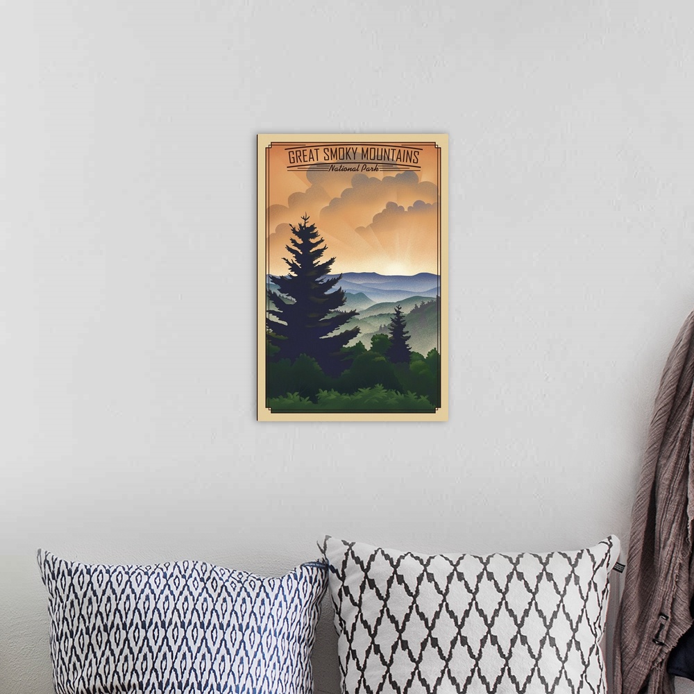 A bohemian room featuring Sun Rising Over Great Smoky Mountains National Park: Retro Travel Poster