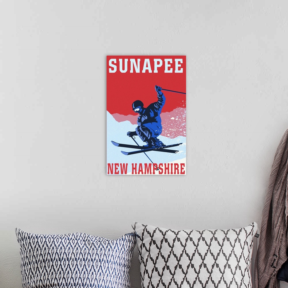 A bohemian room featuring Sunapee, New Hampshire - Colorblocked Skier: Retro Travel Poster
